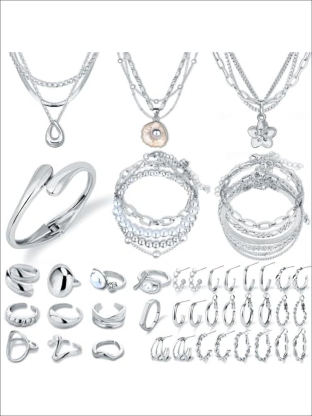 14k Gold Plated Multi Layer Necklace Bracelet Hoop Earrings Rings Set